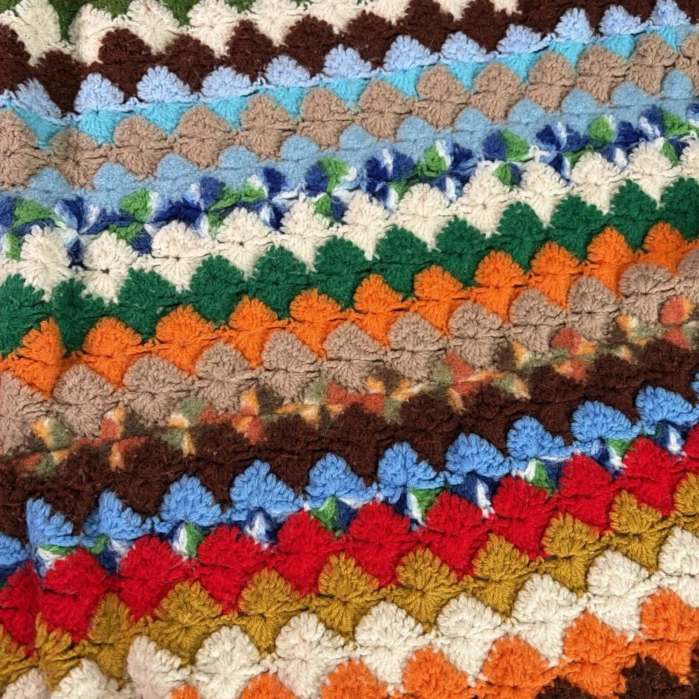 Vtg Vibrant Handmade Crochet Afghan Blanket Retro‎ Earth Tones 70s Ripple 58x37